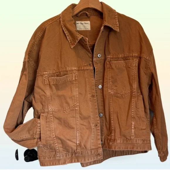 Free People NWT Camel Colored Distressed Denim Jacket Oversized size S - Picture 2 of 8